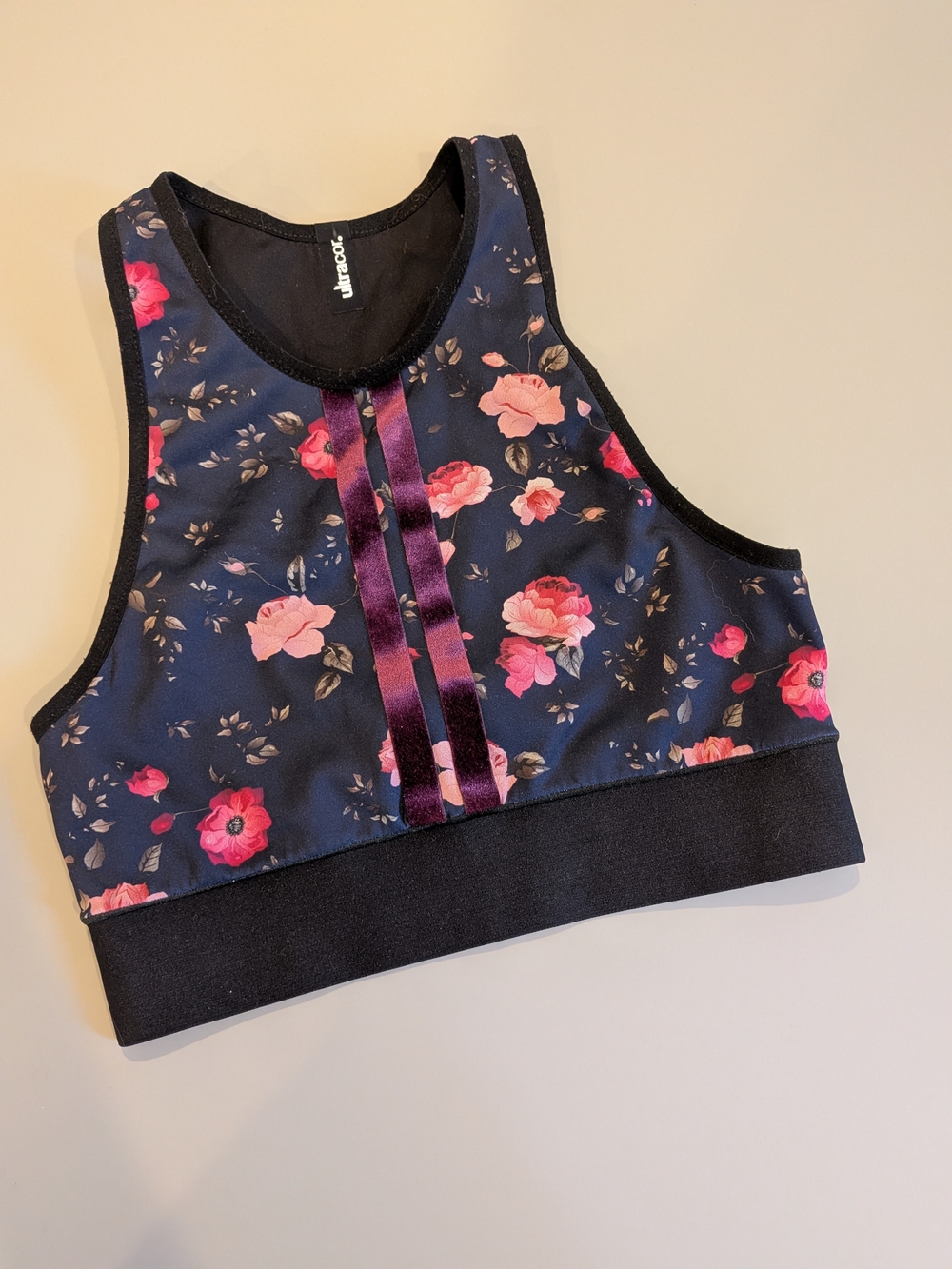 ultracor Navy Floral Sports Bra with Pink & Maroon Accents